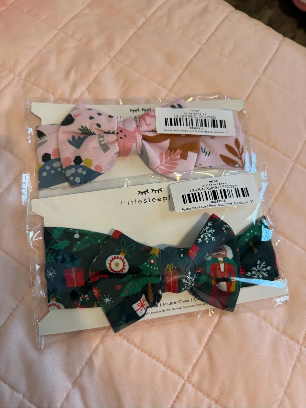 Little Sleepies Pink Dinosaur Bow & Green Nutcracker Bow Set